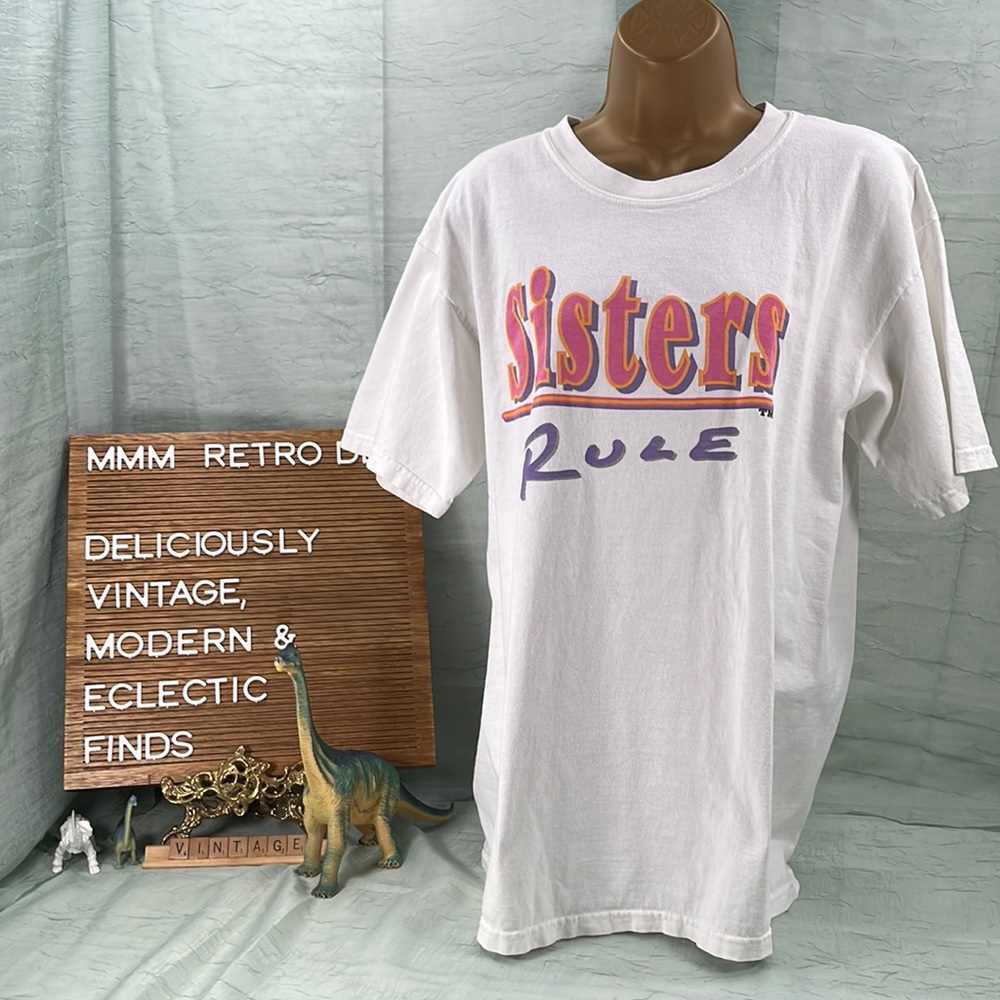 Vintage Sisters Rule Graphic White T-shirt by Erazor Bits | L